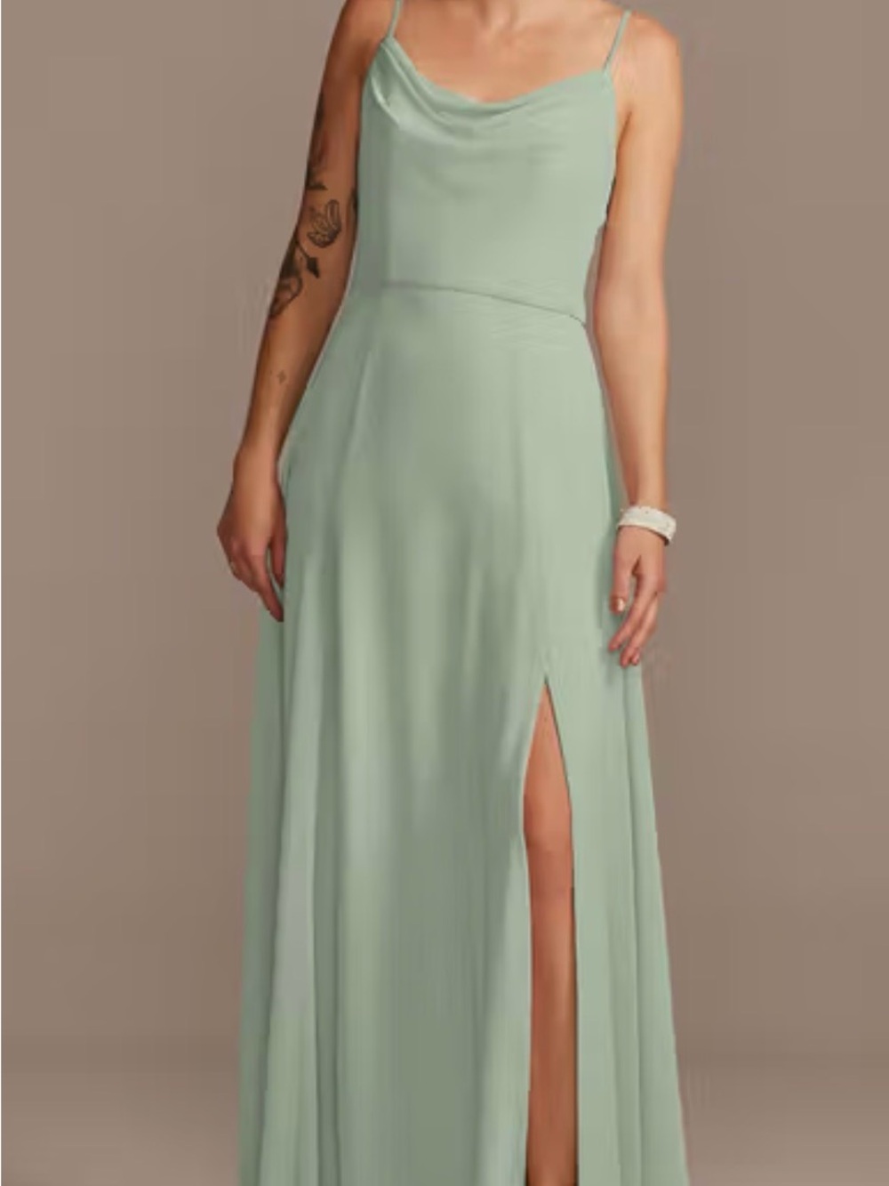 David's Bridal Dusty Sage Cowl Neck Maxi Dress with Slit